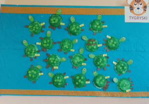 Żółwie wykonane z papierowych talerzyków pomalowanych na zielono, doklejone nogi, głowa i plamki.